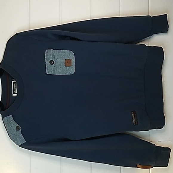 Kangol Tops - Kangol navy sweatshirt detailed in marled blue/grey patches & brown logo details